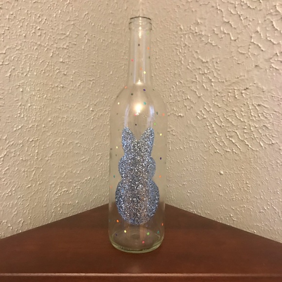 Blue Glitter Bunny Hand Painted Wine Bottle - Picture 6 of 8